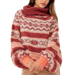 Free People‎ Shaggy Knit Turtleneck Cropped Pull Over Sweater Holly Berry Medium